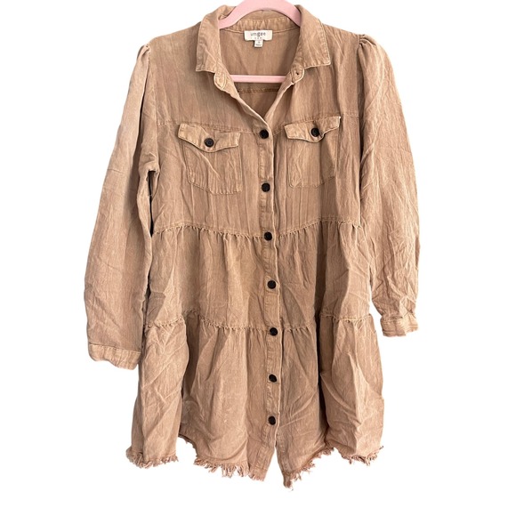 Umgee Dresses & Skirts - Umgee Tan Mineral Wash Western Boho Tiered Button Down Dress Raw Hem Small